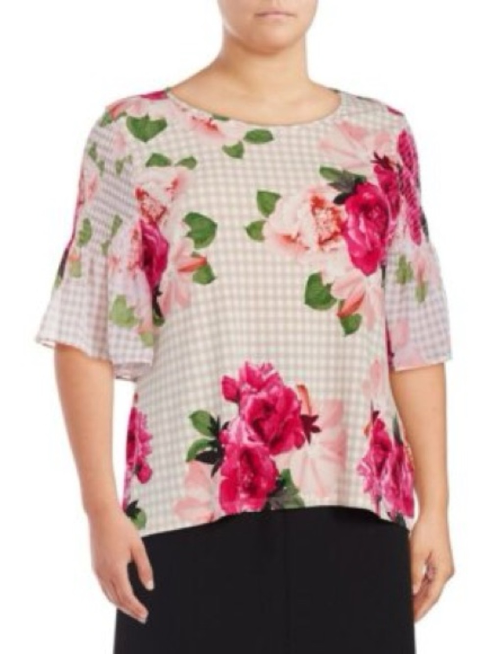 Calvin Klein Pink Floral Gingham Short Sleeve Blouse
